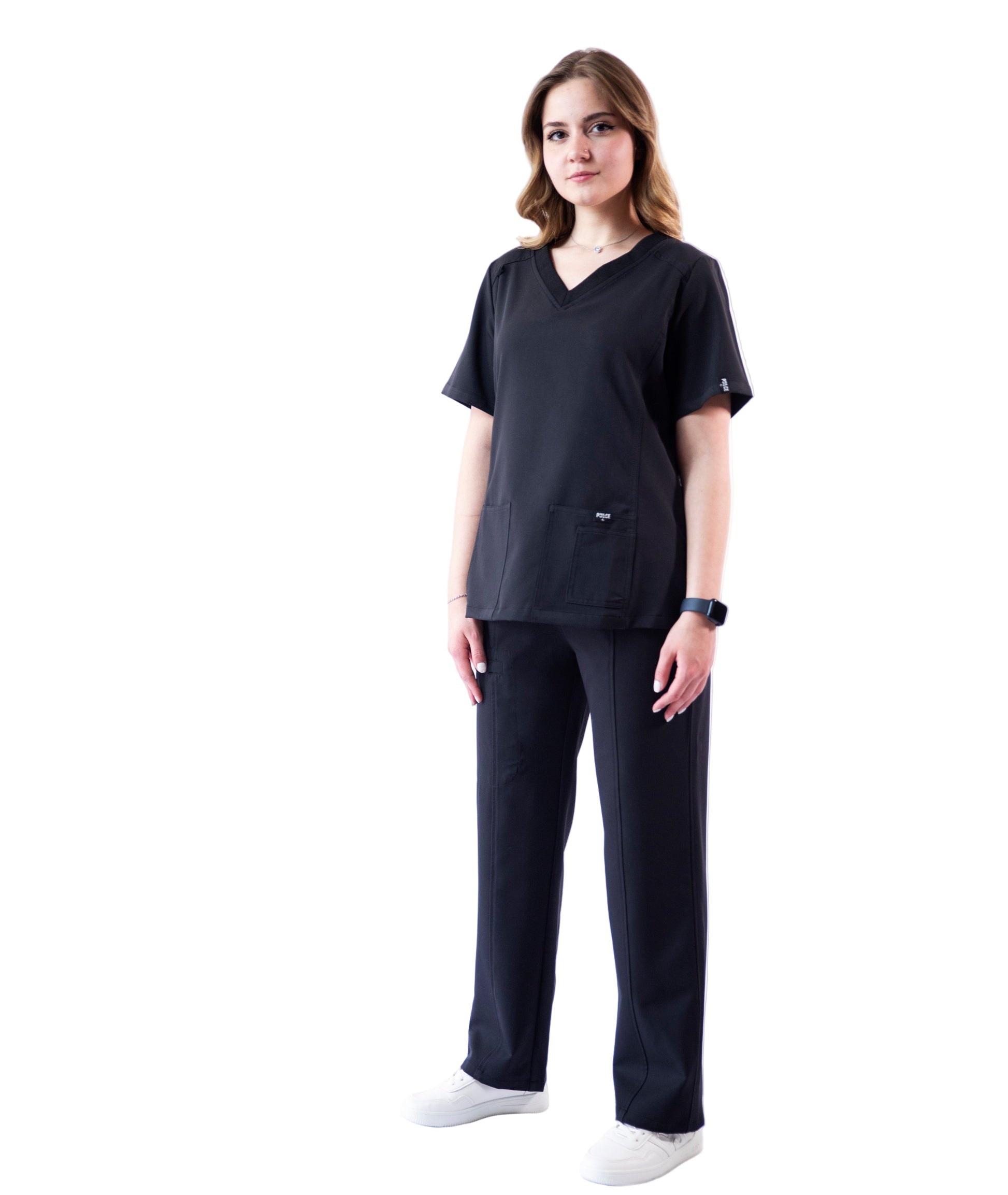 Person wearing a black outfit on a white background