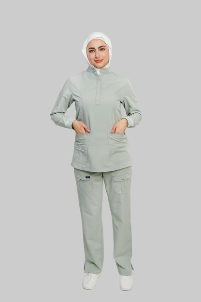 Person wearing a light gray medical uniform on a white background