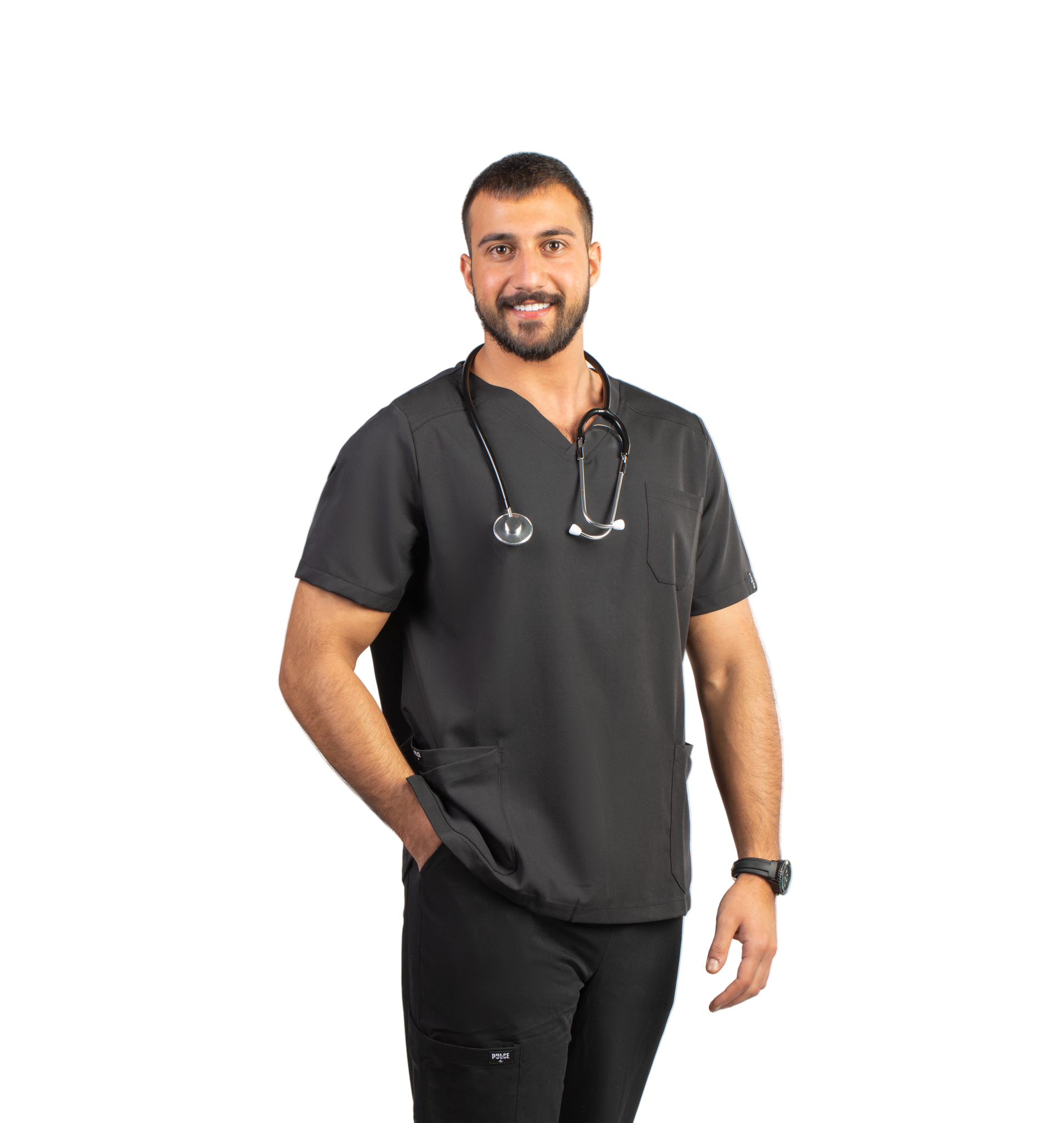 Man wearing dark gray scrub top and black pants with a stethoscope, standing against a white background with 'Pulse' branding.