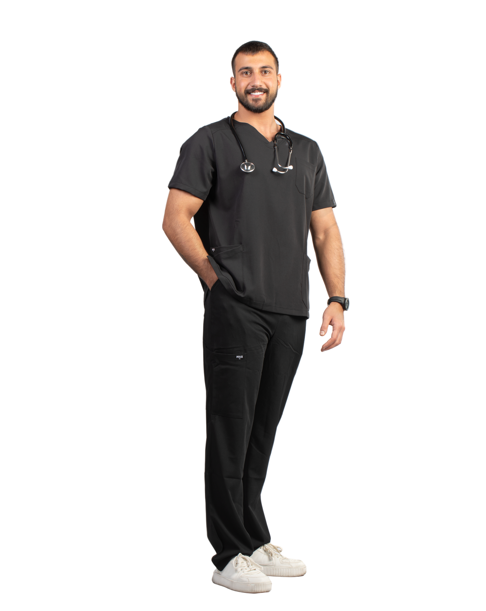 Man wearing a black scrub set with 'Pulse' branding on a white background