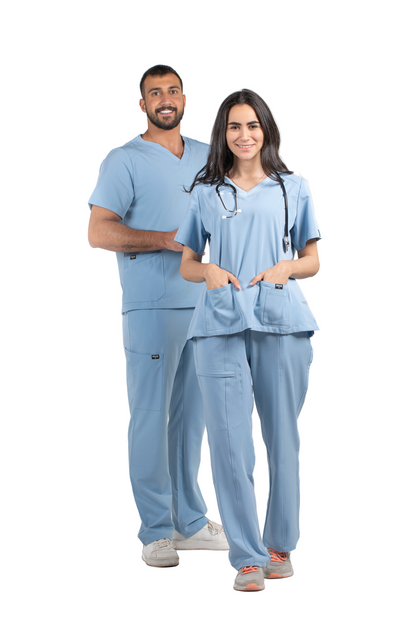 Two healthcare professionals in matching blue scrubs with 'Pulse' branding.