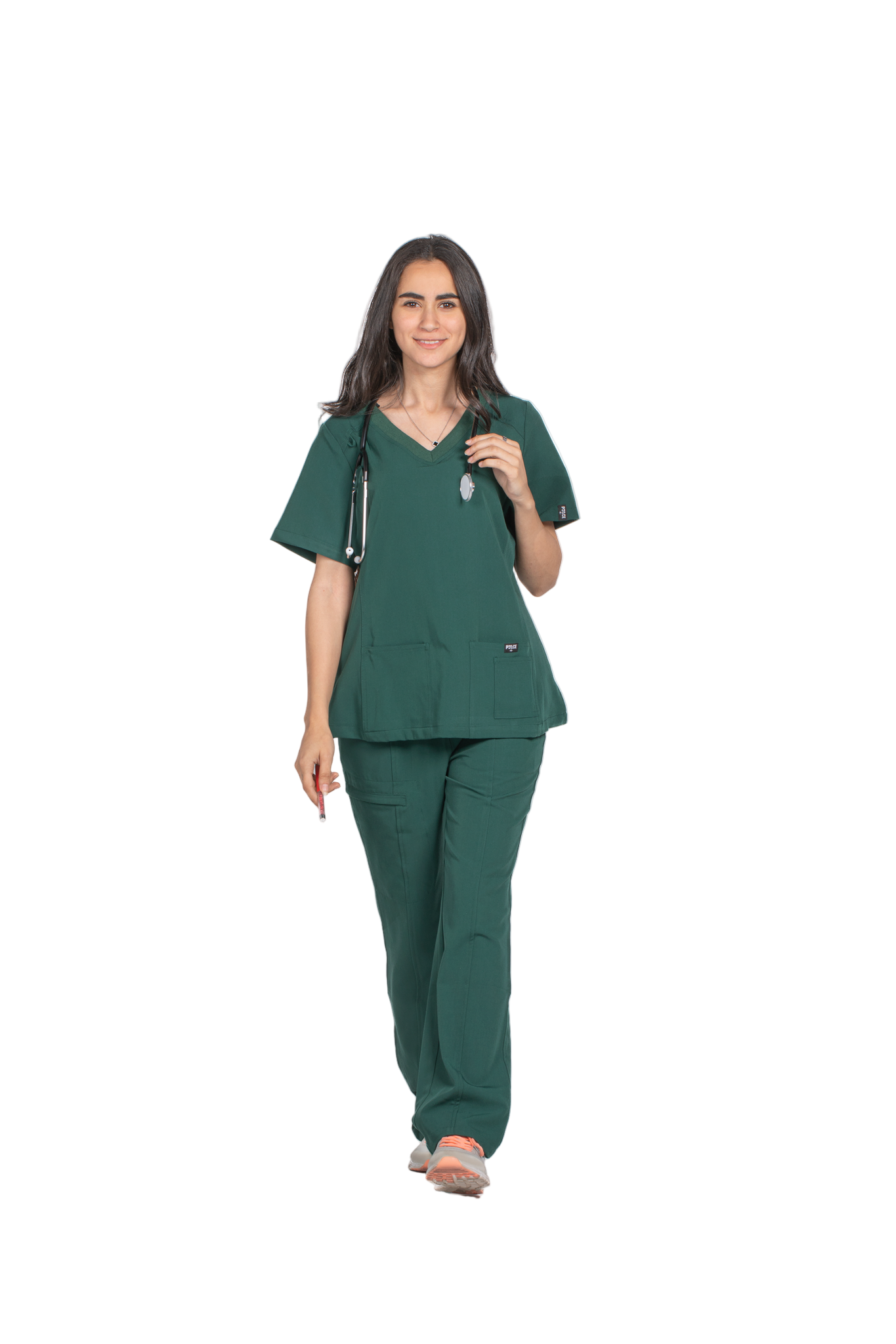 Woman wearing a green scrub set with 'Pulse' branding on a white background