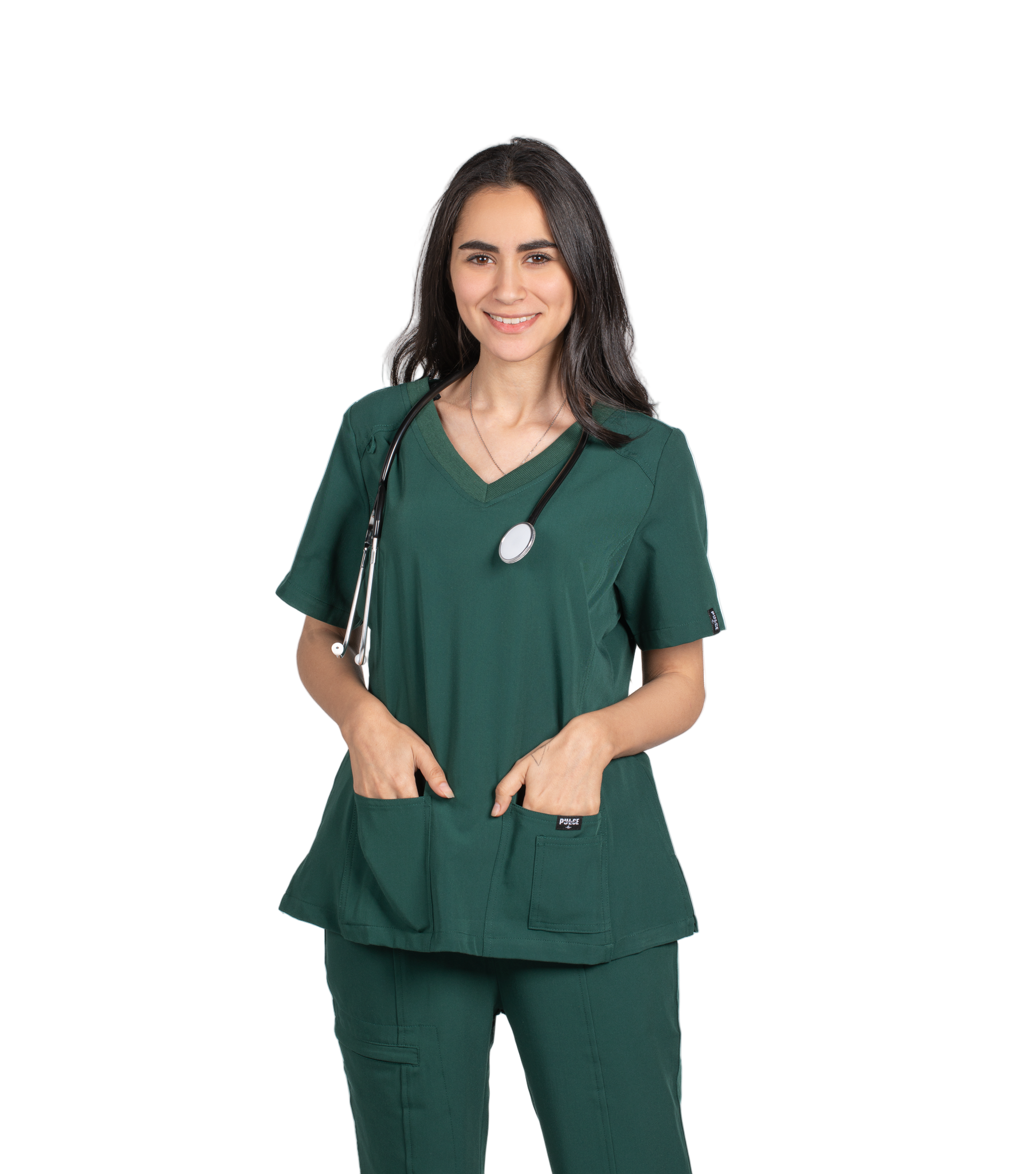 Woman wearing green medical scrubs with a stethoscope, branded 'Pulse', on a white background.
