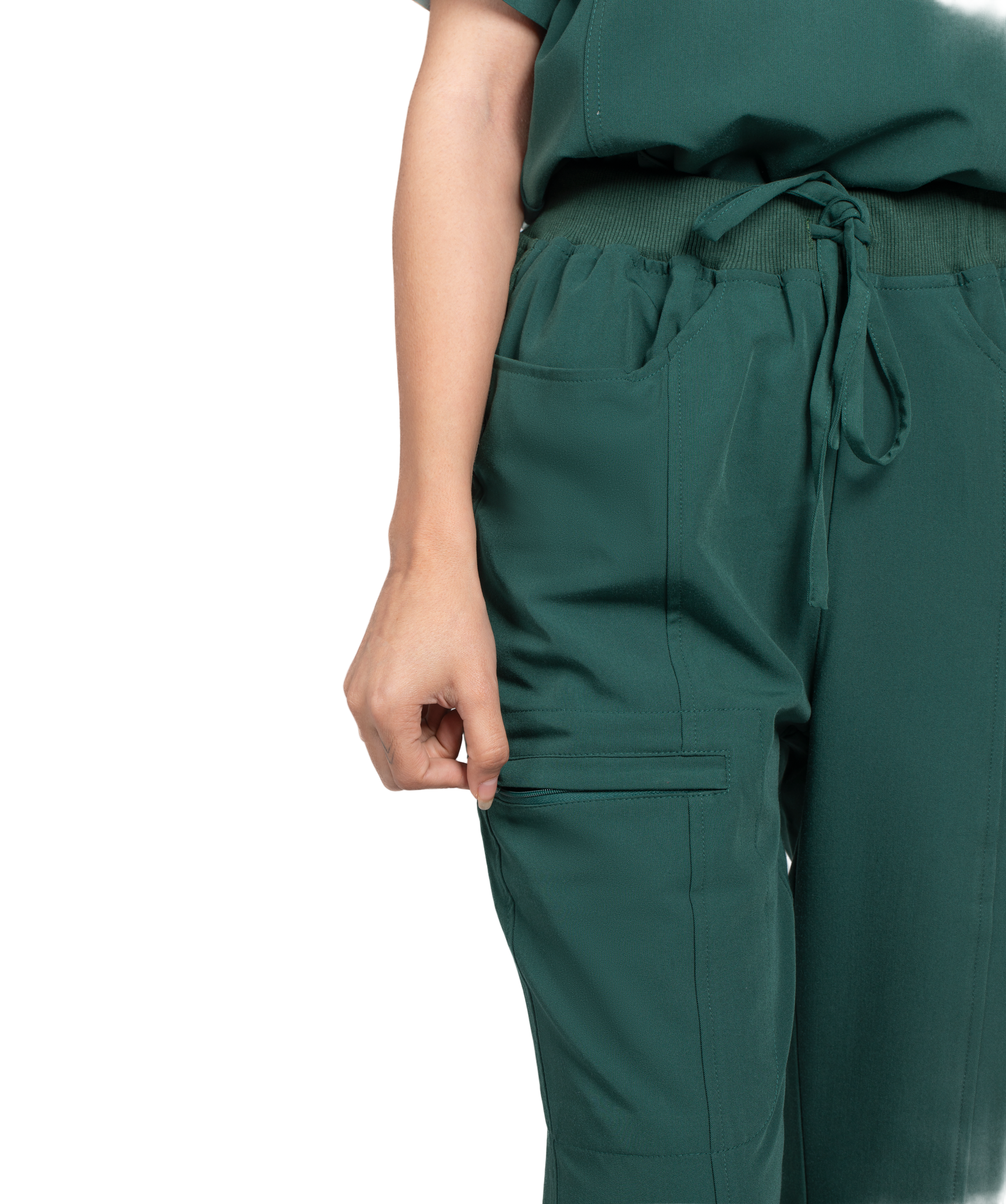 Green scrubs with a Pulse logo on a white background