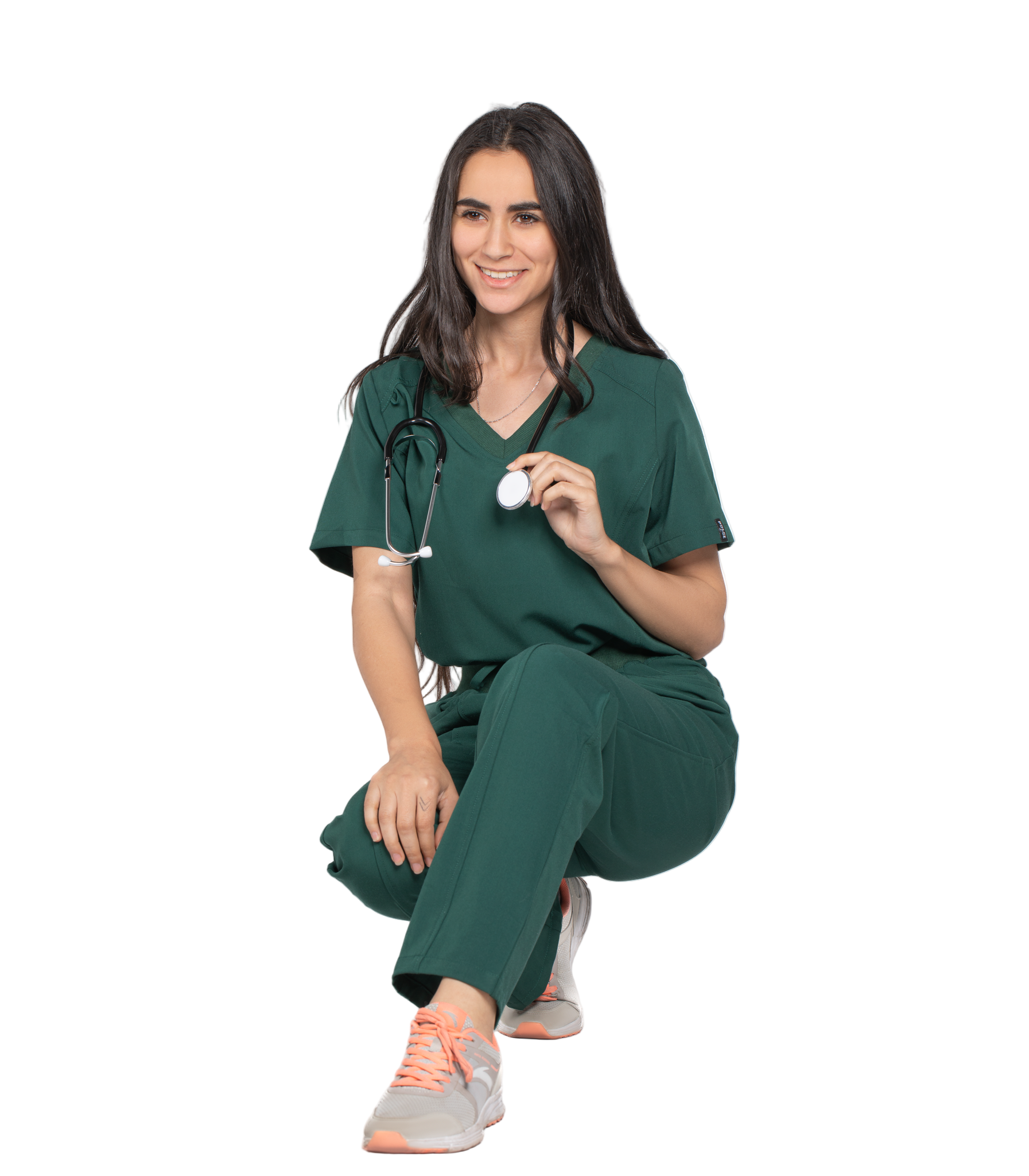 Woman in green medical scrubs holding a stethoscope on a white background with 'Pulse' branding.